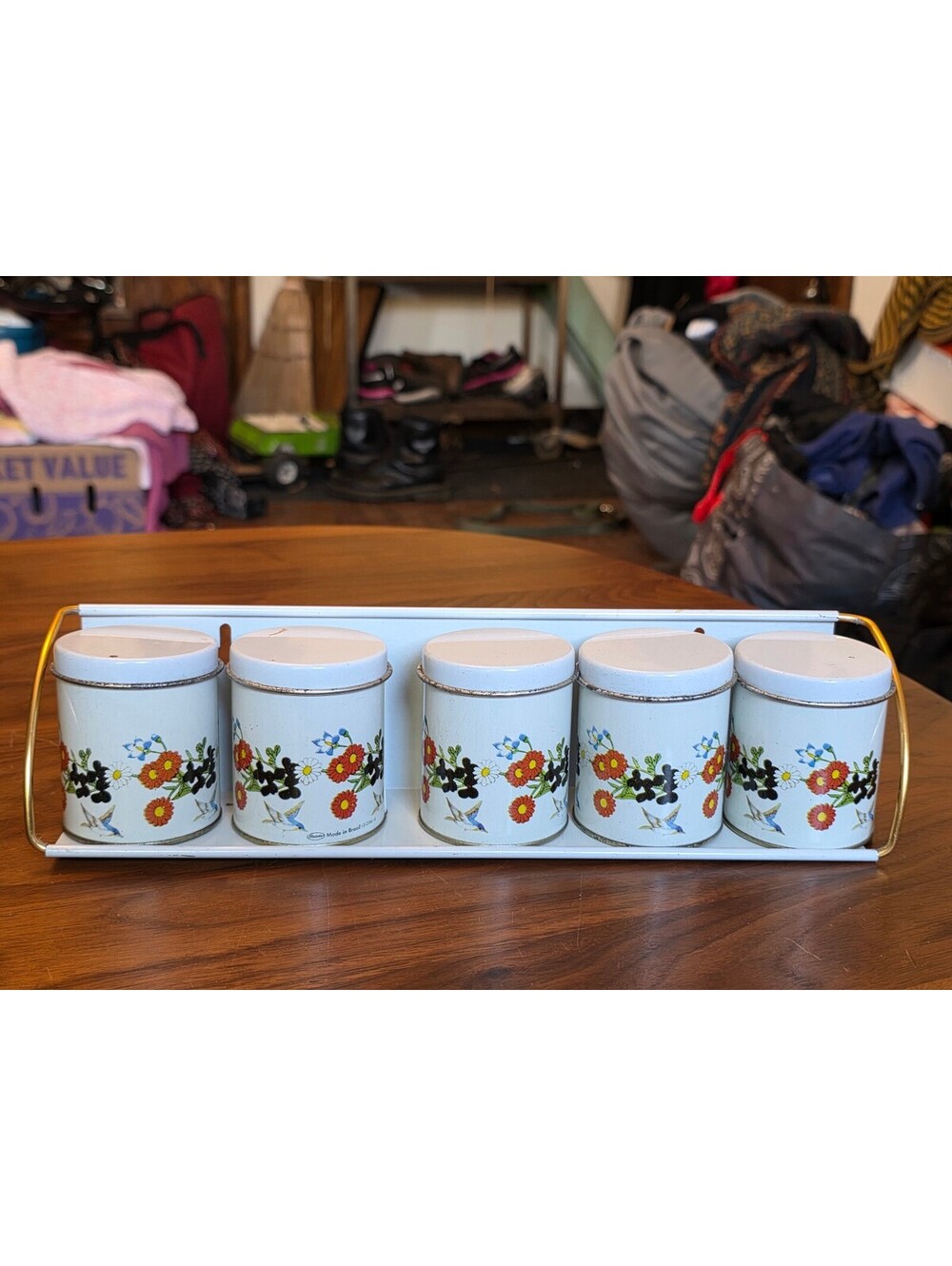 Vintage 1970s Meister Floral Spice Tin Set with Wall Rack